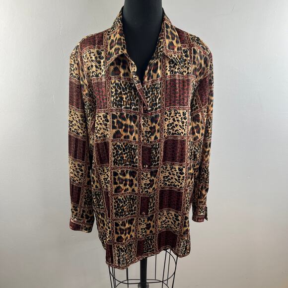 VINTAGE Yves St. Clair Button Down Shirt Top Leopard Print Long Sleeves Size 16 - Picture 2 of 9